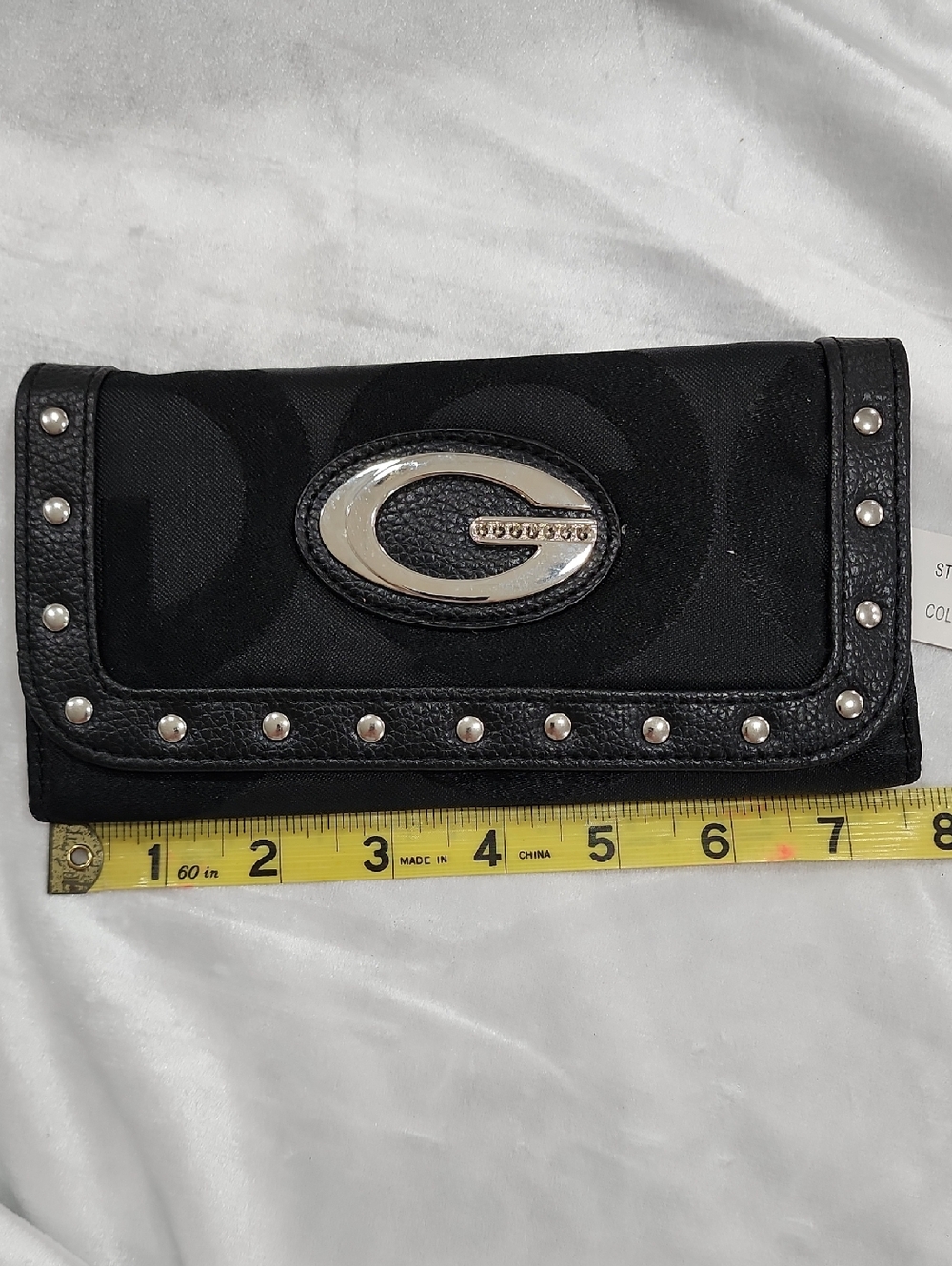 Guang Tong Black Trifold Wallet. Silver Stud Accents. Rhinestone Embedded G Logo